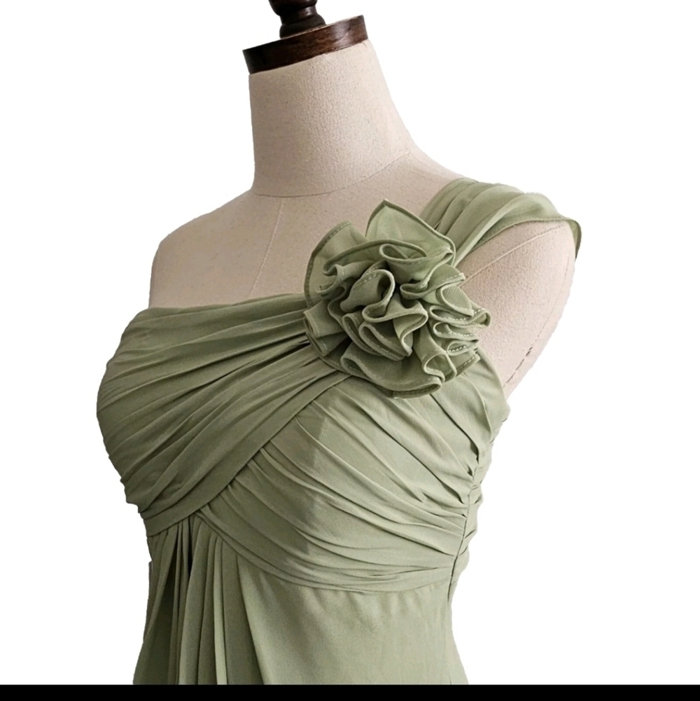 Light Green Chiffon Bridesmaids Prom Cocktail Gala One Shoulder Maxi Dress - Picture 7 of 14